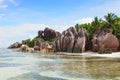 The beach and surrounding rocks at Anse Source d`Argent, La Digue, Seychelles Royalty Free Stock Photo