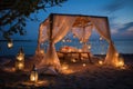 Beach Table With Canopy and Candles for a Romantic Evening Celebration, An extravagant proposal setup on a private island