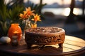 Beach table set against palm trees and clear white skies, best summer image