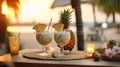 Beach table setting with a table adorned with beautifully garnished pina colada glasses evoking a sense, AI Generated