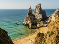 Stunning view of Praia da Ursa bear beach and its huge rocky formations Ursa and Gigante stones, Cabo da Roca cape, Portugal Royalty Free Stock Photo