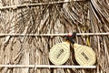 Beach tennis. Beach rackets on the background of dried palm leaves. Copy space Royalty Free Stock Photo