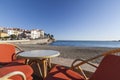 Beach and terrace bar view of maritime french village of Banyuls-sur-mer,Cote Vermeille,Occitanie,France.