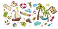 Beach theme doodle set. seaside sport activities