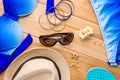 Beach theme objects on the wooden floor