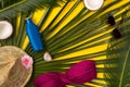 Beach theme on yellow background. Beach accessories and palm leaves on yellow background Royalty Free Stock Photo