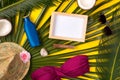 Beach theme on yellow background. Beach accessories, palm leaves, photo frame on yellow background Royalty Free Stock Photo