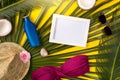 Beach theme on yellow background. Photo frame, hat, coconut, swimsuit, palm leaves Royalty Free Stock Photo