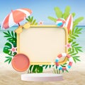 A beach themed design features a blank rectangular board surrounded by summer elements Royalty Free Stock Photo