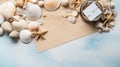 a beach-themed love proposal card with a flat lay composition featuring seashells, a message in a bottle Royalty Free Stock Photo