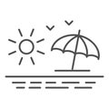 Beach thin line icon, Summer concept, sunrise sign on white background, sea view with umbrella, sun and seagulls icon in