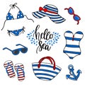 Beach time illustration. Swimsuit, eyeglasses, anchor, flipflops, tote bag and beach hat on white background.