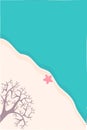 Beach top view background with starfish, sand, tree branches and sea. Seaside view poster. Summer holidays vector illustration bac Royalty Free Stock Photo