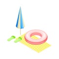 Beach Towel with Rubber Ring and Umbrella as Beach Vacation Isometric Vector Composition Royalty Free Stock Photo