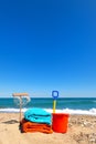 Beach towels and toys for summer vacation Royalty Free Stock Photo