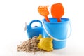 Beach toys, sand bucket, shovel and rack Royalty Free Stock Photo