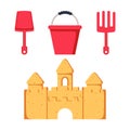 Beach toys and sand castle. Child pail, shovel and rake colorful icons. Children summer games and activities