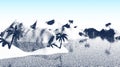 Beach or tropical coast landscape with palm tree and mountains over sea in retro dotwork style Royalty Free Stock Photo