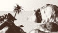 Beach or tropical coast landscape with palm tree and mountains over sea in retro dotwork style
