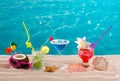 Beach tropical cocktails on white sand mojito blue hawaii Royalty Free Stock Photo