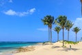 Beach on the tropical island. Clear blue water, sand and palm trees. Beautiful vacation spot, treatment and aquatics. Dominican Royalty Free Stock Photo