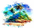 Watercolor drawing of a tropical beach with palm trees. Isolated on white background. (Additional PNG format) Royalty Free Stock Photo