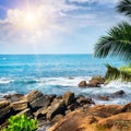 Beach tropical ocean , palm trees and sun.