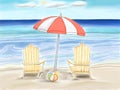 beach with umbrella and chairs