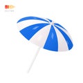 Beach Umbrella. Colorful white and blue striped Summer Parasol Sign. Object isolated on white background. Realistic cartoon 3d