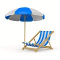 Beach umbrella and deckchair on white background. Isolated 3D illustration Royalty Free Stock Photo