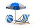 Beach umbrella and deckchair on white background. Isolated 3D illustration Royalty Free Stock Photo