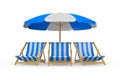 Beach umbrella and deckchair on white background. Isolated 3D illustration Royalty Free Stock Photo