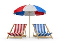 Beach umbrella and deckchair on white background. Isolated 3D illustration Royalty Free Stock Photo