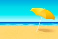 Beach umbrella on a deserted beach near ocean. Vacation flat concept. Empty beach without people with parasol and blue Royalty Free Stock Photo
