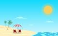 Beach umbrella in flat icon design at sea with blue sky and clouds background