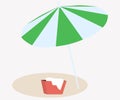 Beach umbrella green and white and basket for towels. Symbol of holiday by sea on sandy shore