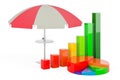 Beach umbrella with growth bar graph and pie chart, 3D rendering Royalty Free Stock Photo