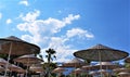 Beach straw umbrellas on the Mediterranean sea coast, Kemer, Turkey