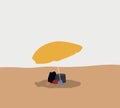 Beach umbrella with other vacationist`s stuff on sand. Royalty Free Stock Photo