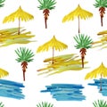 Beach Umbrella, Sea, Sand Paints Seamless Pattern