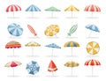 Beach umbrella. Summer parasol, protection from sun flat design, colorful top view of sea beach sunshade, holiday and