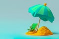 Beach umbrella, sun chairs on blue background. Beach set for sunny days. Summer holiday concept. Copy space. Generative AI Royalty Free Stock Photo