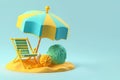 Beach umbrella, sun chairs on blue background. Beach set for sunny days. Summer holiday concept. Copy space. Generative AI