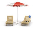 Beach umbrella and sunbeds. 3d illustration. Royalty Free Stock Photo