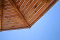 Beach umbrella on a sunny day, sea in background. Beach umbrella close-up. Soaring seagull. Idyllic tropical beach with red