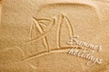 A beach umbrella and a surfboard are painted on the sand and an inscription of summer holidays. Beach background. View from above Royalty Free Stock Photo