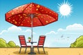 Beach umbrella, table, chair, and refreshing juice on a sunny day at the seaside