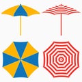 Beach umbrella, top and side view. Set of striped sun parasols set. Vector.