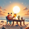 On the beach, under the setting sun, a red crab sits at a table with a glass of beer Royalty Free Stock Photo