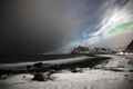 The beach at Utakleiv in Vestvaagoy, Lofoten islands. Northern lights above Utakleiv. Royalty Free Stock Photo